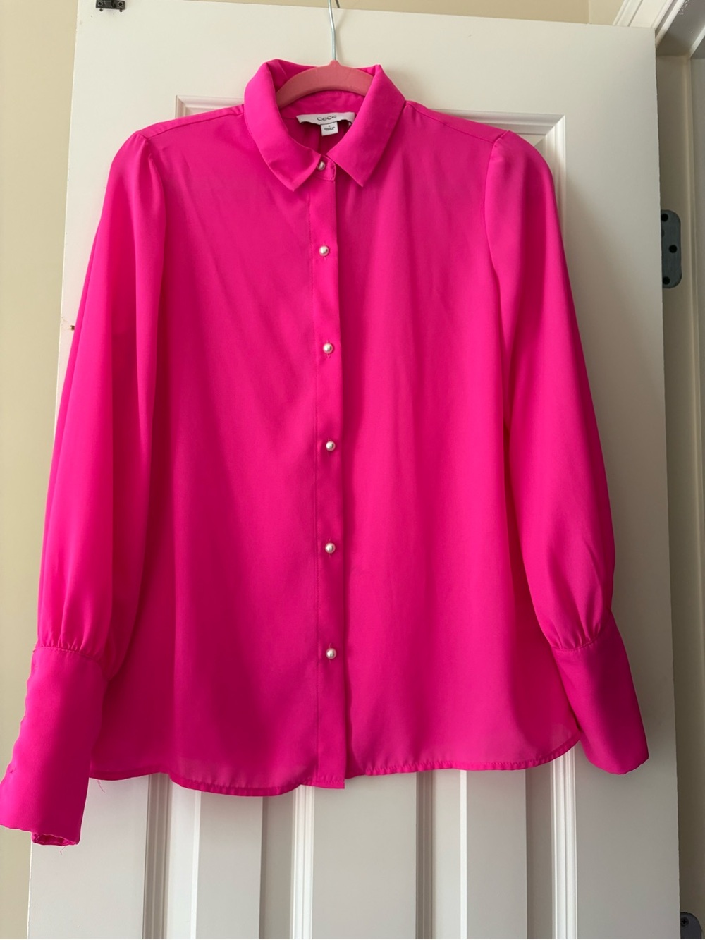 CeCe Bright Hot Pink Button-Front Blouse with Pearl Buttons